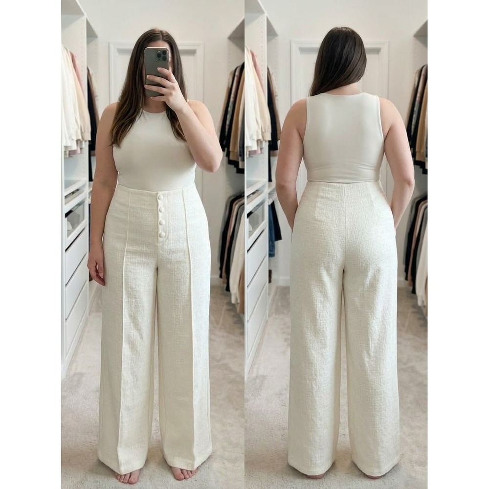 NWT Cider Tweed Wide Leg Trousers Women XL High Waist Button Front Cream Ivory